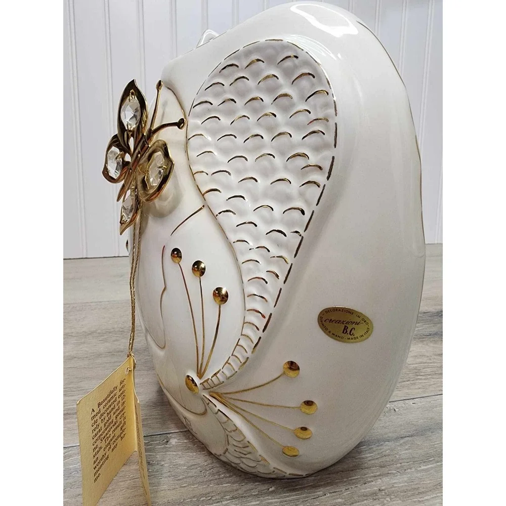 RARE Vintage 80s Italy Porcelain White Gold‎ Vase Butterfly Bruno Costenaro